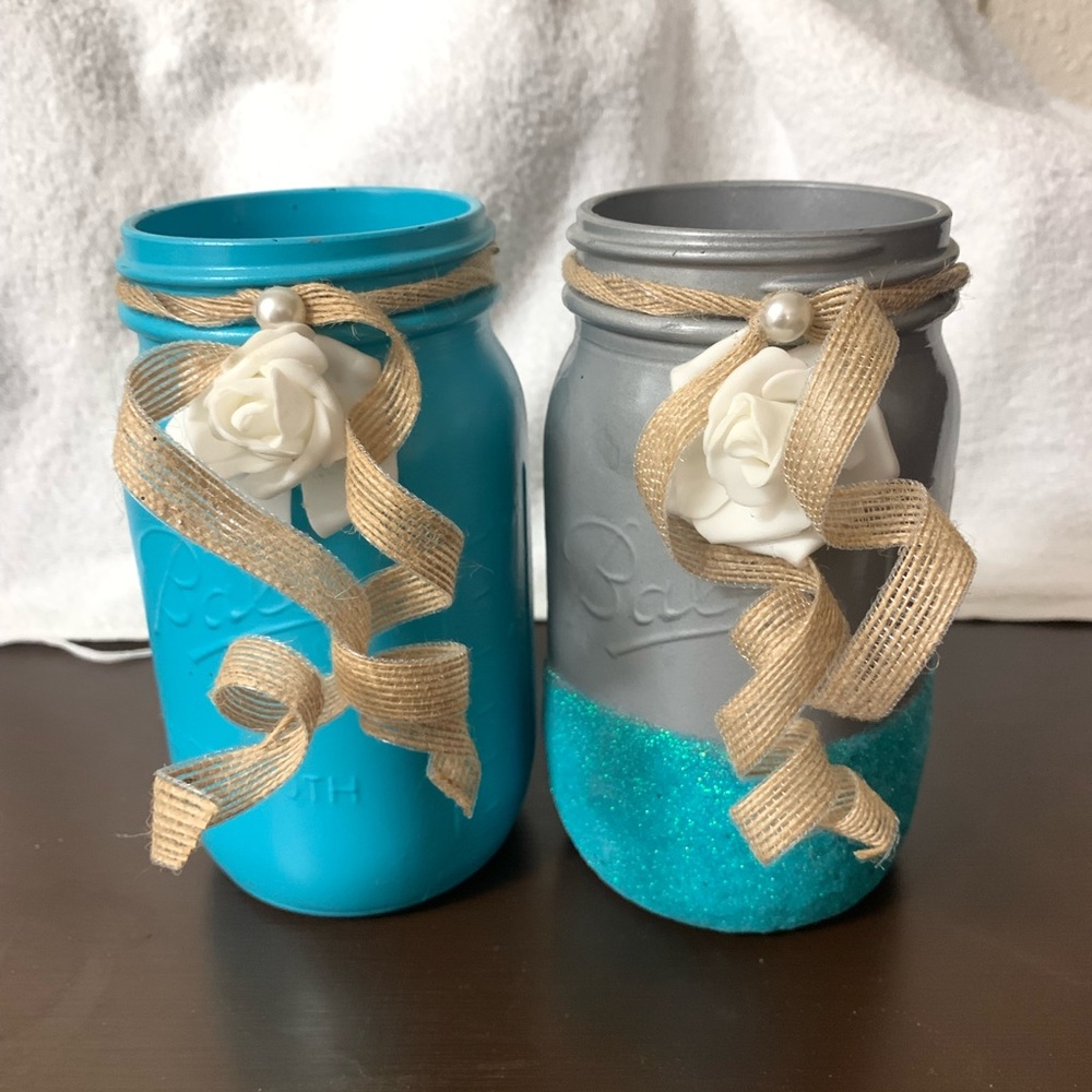 Mason Jar Set - Blue and Gray with Burlap Accents